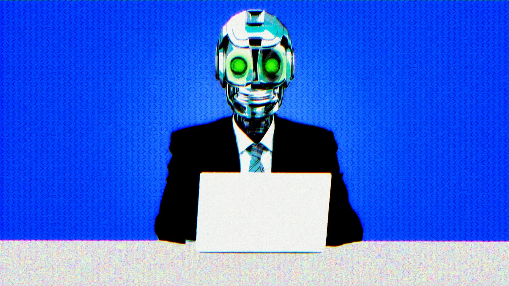 Robot participant using a laptop during a meeting